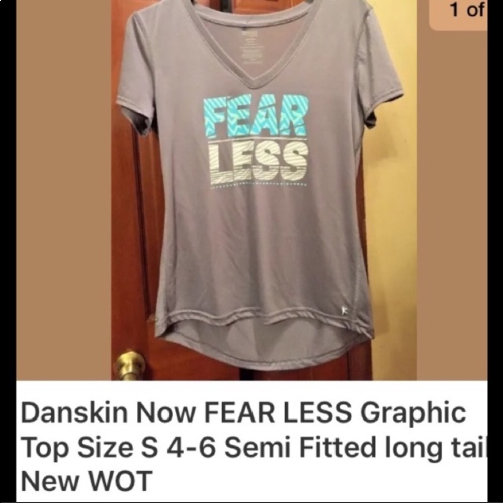 Danskin gray athletic “fear less” graphic sexy yoga gym athletic top S 4-6 NEW - Picture 3 of 16